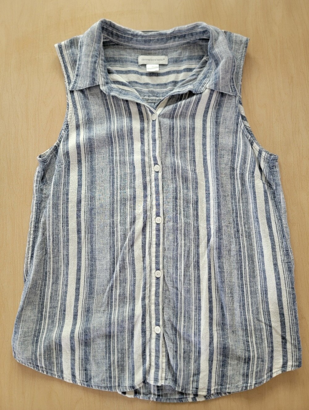 Christopher & Banks Blue & White Sleeveless Button-Down Shirt Linen Blend Medium